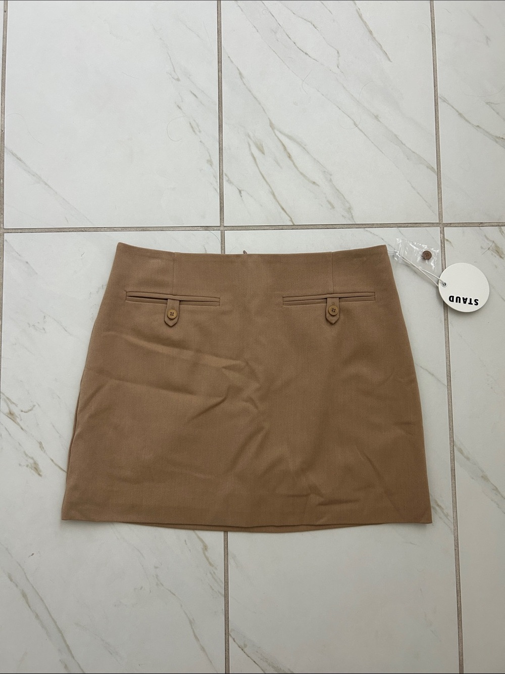 STAUD Camel Mini Skirt with Button-Trim Pockets